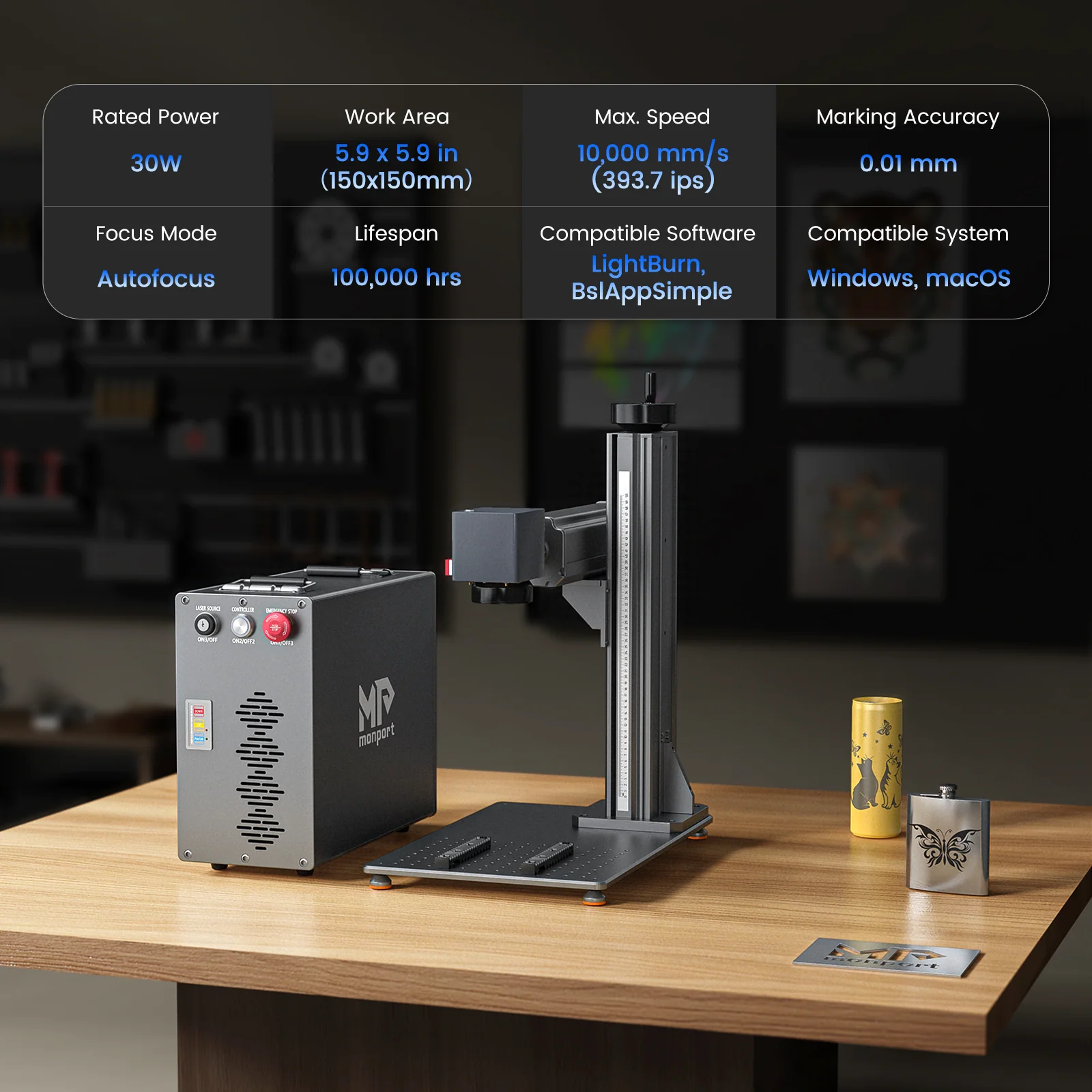 Monport GT 30W Split Fiber Laser Engraver & Marking Machine With AutoFocus (5.9” x 5.9”) – FDA Approval - Image 3
