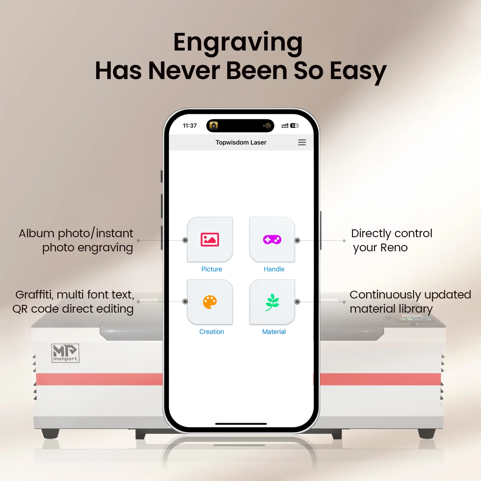 Monport Reno65 Pro 65W Desktop CO2 Laser Engraver & Cutter (24" X 16") with DSP Controller and Magnetic Assisted Focus - Image 13